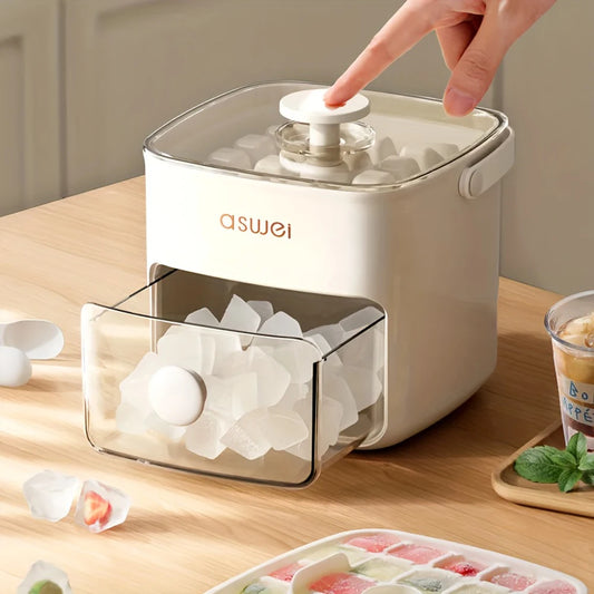 Ice cube maker on a wooden table with a hand pressing a button, surrounded by ice cubes and a drink.