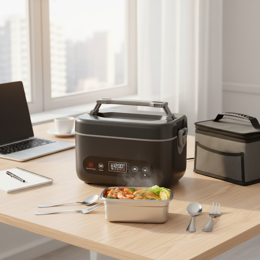 Lunch box with food on a desk next to a laptop