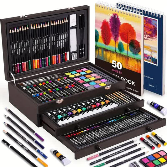 Art supply set with colored pencils, markers, and a color swatch book on a white background.