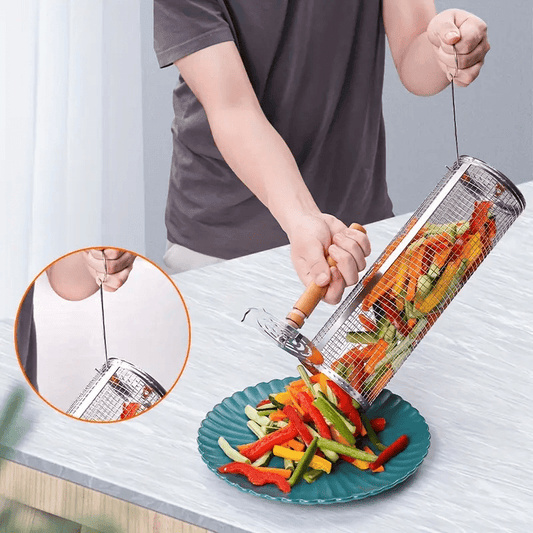 2 - Pack Stainless Steel Rotating Grill Baskets with Removable Wooden Handle - Direct On Sale