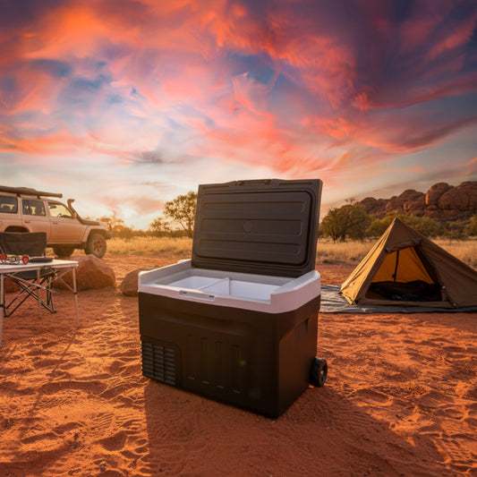 Black and white cooler box with open lid on a white background