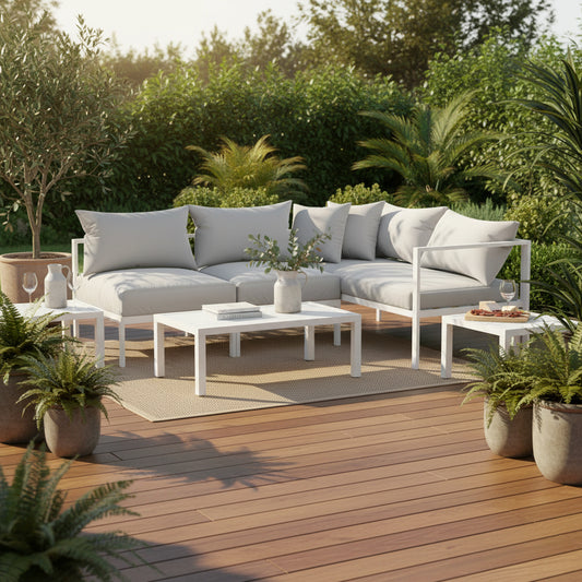 4-seater outdoor aluminium sofa set with white frame and grey cushions