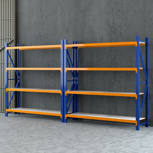 Storage shelves with orange shelves and blue metal frames against a gray wall.