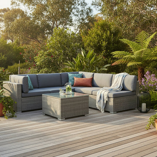 5-piece grey wicker outdoor sofa set with glass table seating four