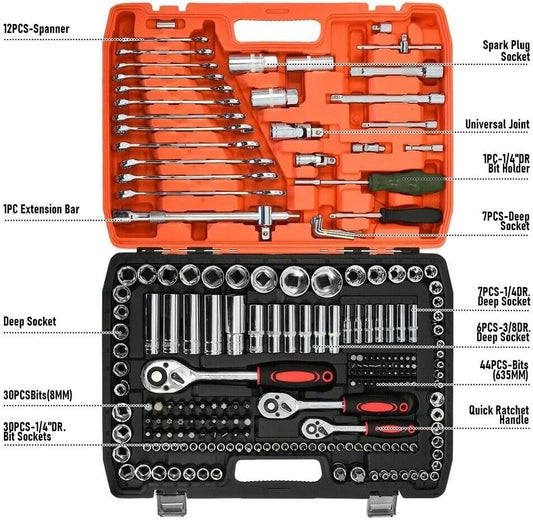 216-Piece Tool Set with Case - Mechanics Tool Kit with 1/4" & 3/8" Drive Sockets