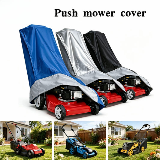 Lawn mower cover fitted over a push mower