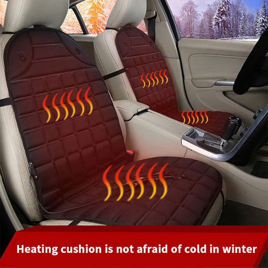 Black heated car seat cushion fitted to a vehicle front seat