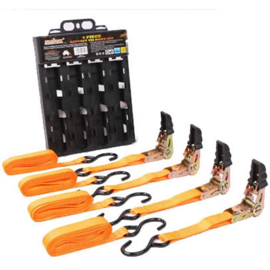 4PC Ratchet Tie Down Strap Set 25mm x 5m Heavy Duty 500kg Capacity - Direct On Sale