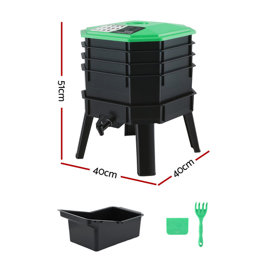 Worm farm composter showing four stackable ventilated trays