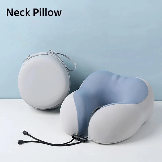 Neck pillow with carrying case on a light blue background