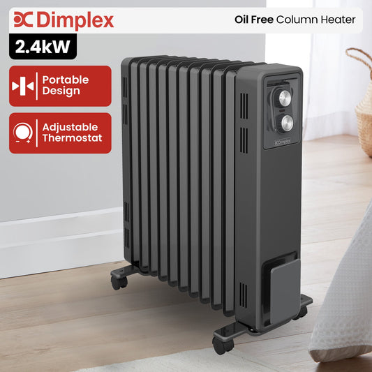 Dimplex oil-free column heater on a wooden floor with branding and specifications displayed.