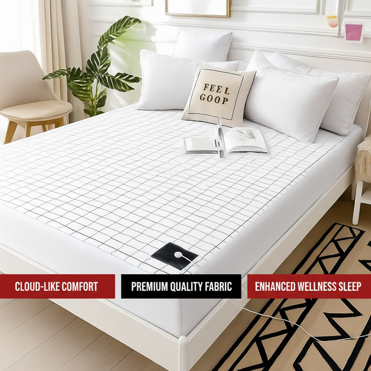 White mattress cover on a bed with decorative pillows and books in a bedroom setting.