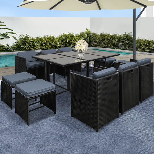 Capetown Outdoor Dining Set 11 Piece Wicker Table Chairs Setting Black