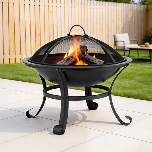 2-in-1 Fire Pit BBQ Grill 56cm | Spark Mesh Lid Steel | 48cm Cooking Grate