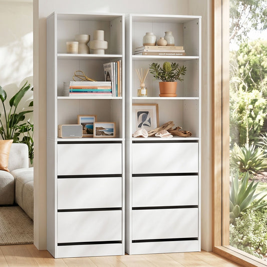 White 2-piece tallboy chest of drawers set with 3 drawers and adjustable shelves