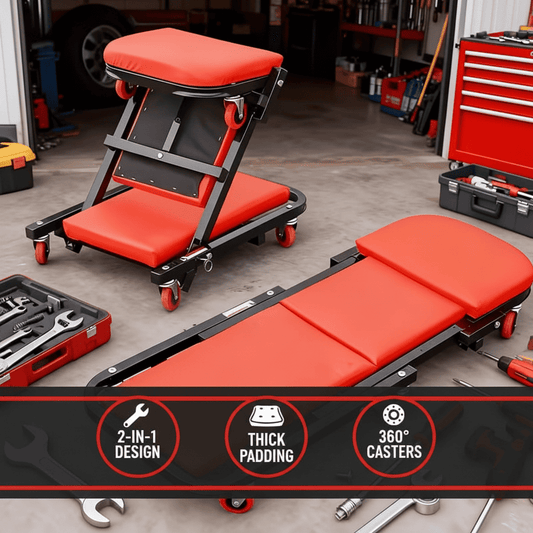 Foldable 2-in-1 Garage Creeper and Mechanic Seat, Adjustable Height, Red