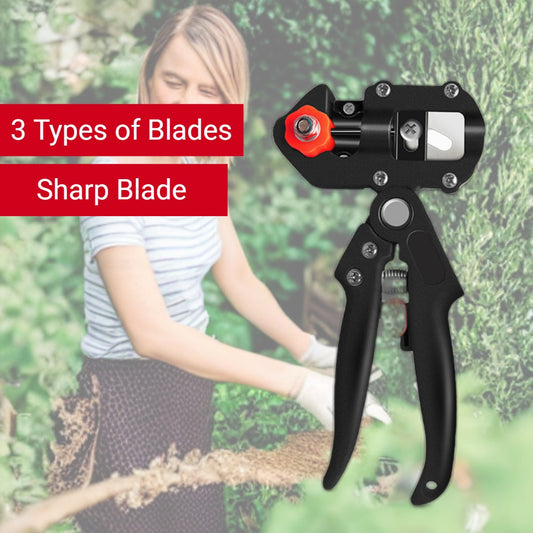 Gardening tool with '3 Types of Blades' text overlay on a blurred garden background