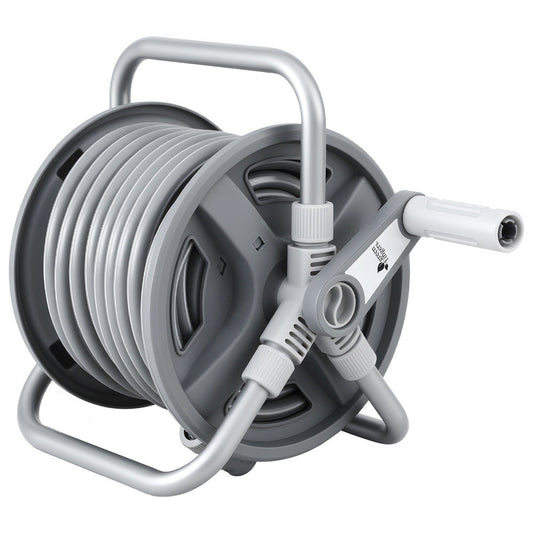 20m retractable garden hose reel in grey with spray gun