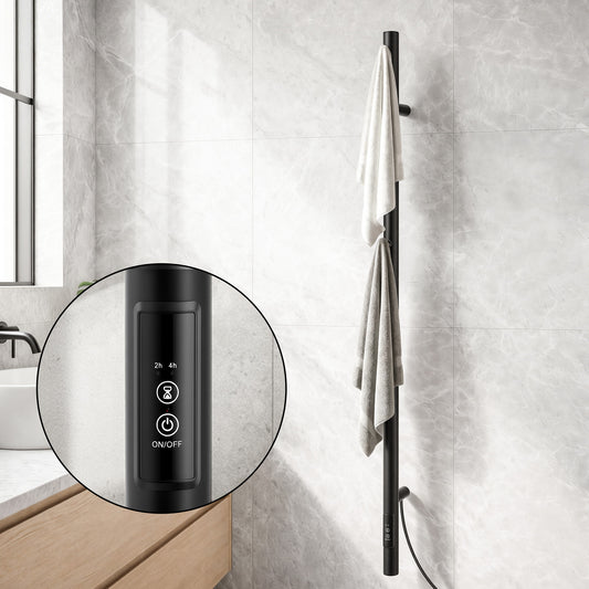 Black vertical electric heated towel rail with timer