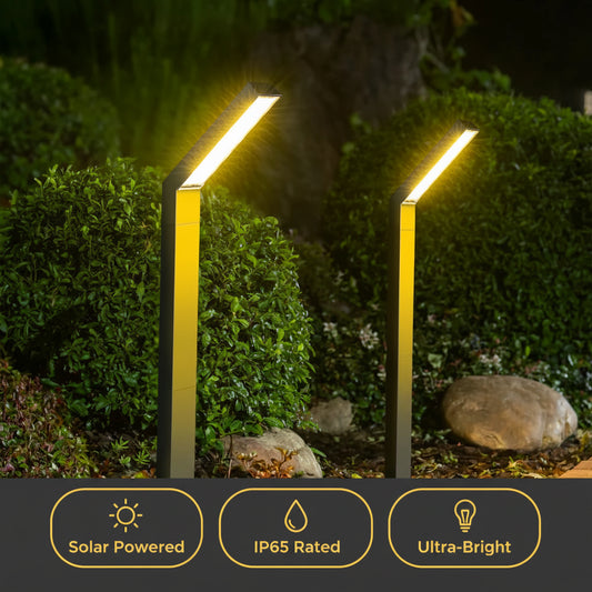 Two garden lights illuminating a pathway at night with greenery in the background.