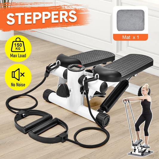 Step machine with handles on a wooden floor, featuring text about weight capacity and noise level.
