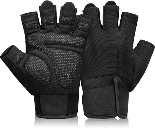 Black tactical gloves with fingerless design on a white background