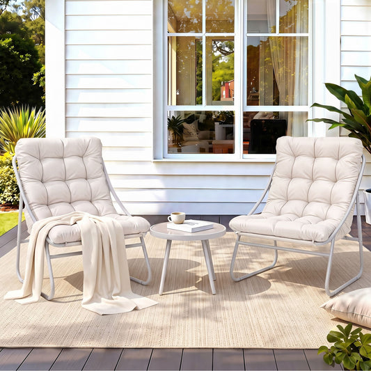 3-piece khaki outdoor bistro set with steel frame and glass table
