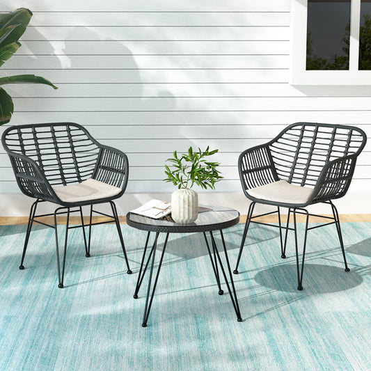 3-piece grey outdoor wicker lounge setting with glass table