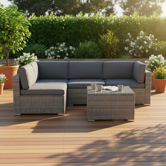 5-Piece Outdoor Wicker Sofa Set | 4-Seater Lounge Setting with Glass Table, Grey