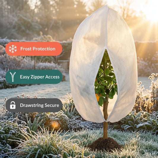 Tree wrapped in a protective covering in a frosty garden