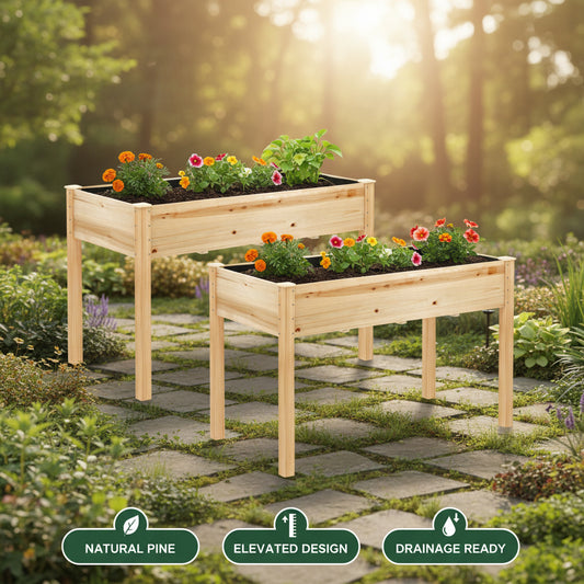 Two wooden raised garden beds with black trays on a white background