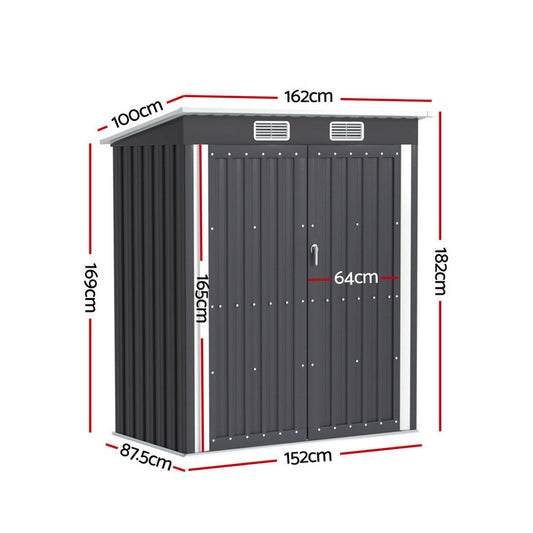 Metal garden shed with wide double doors open in a backyard