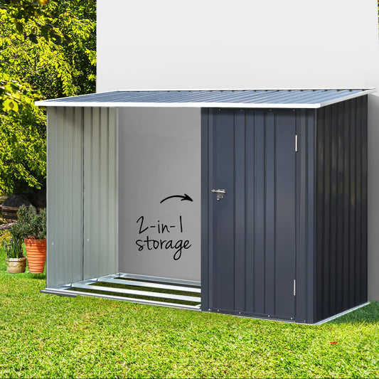Anthracite 2-in-1 metal garden shed with tool storage and log store
