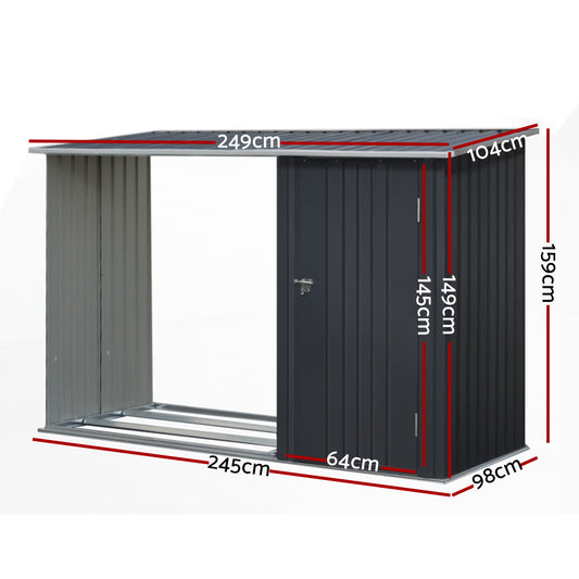 2-in-1 garden shed shown with firewood stacked in the log alcove