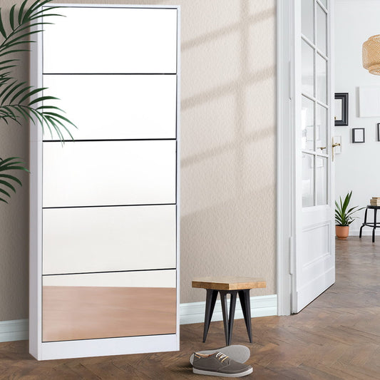 5 Drawer Mirrored Wooden Shoe Cabinet 63cm x 17cm x 170cm