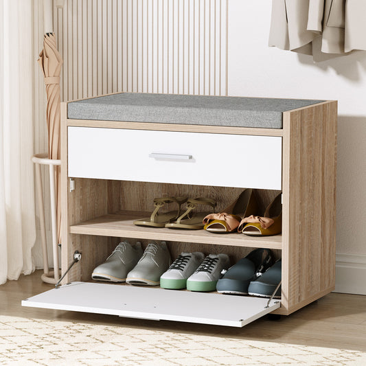 Wooden shoe cabinet with open drawer showing shoes inside, against a neutral background.