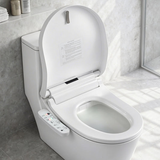 Modern white toilet with open lid in a bathroom setting