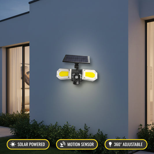 Solar-powered outdoor light fixture with two LED lights and a solar panel on a white background