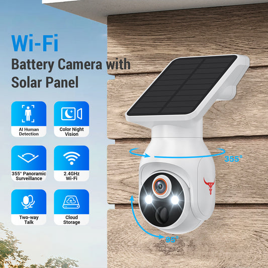 Wi-Fi battery camera with solar panel on a wooden wall background