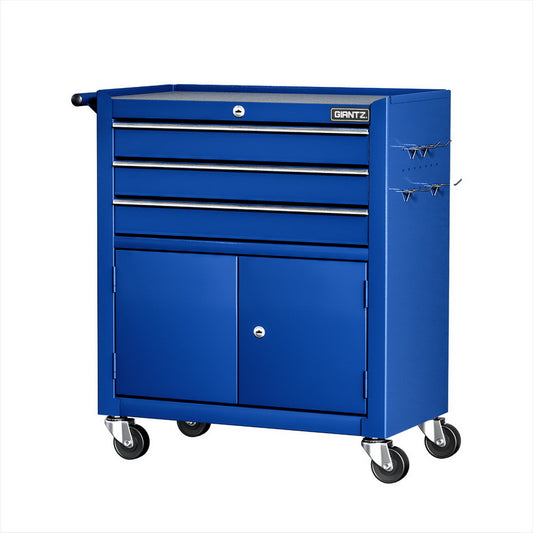 Heavy Duty 3-Drawer Steel Tool Trolley with Cabinet and Lock – Blue