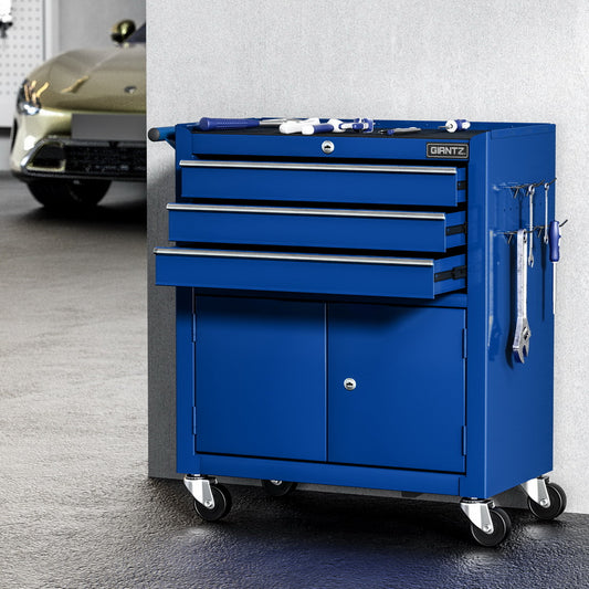 Heavy Duty 3-Drawer Steel Tool Trolley with Cabinet and Lock – Blue