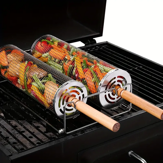 2-Pack Stainless Steel Rotating Grill Baskets with Removable Wooden Handle