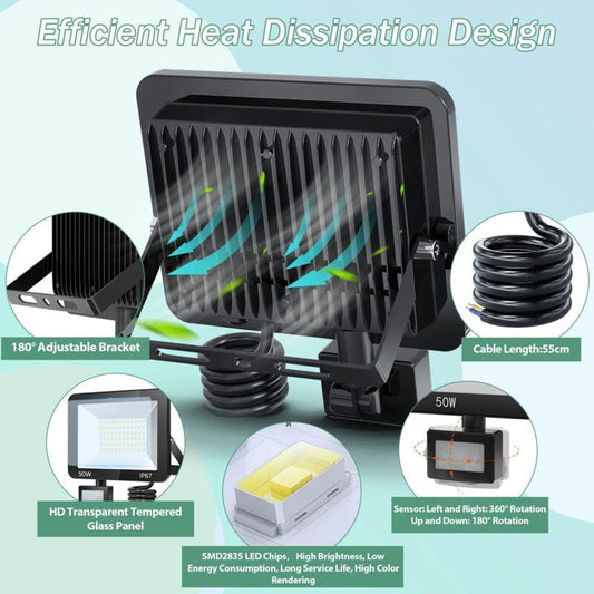 2 Pack 50W LED Motion Sensor Floodlight Outdoor Security Light | 5000LM | 7000K Cool White| IP67 Waterproof