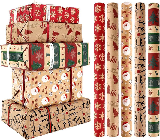 Christmas wrapping paper set of 5 kraft rolls
