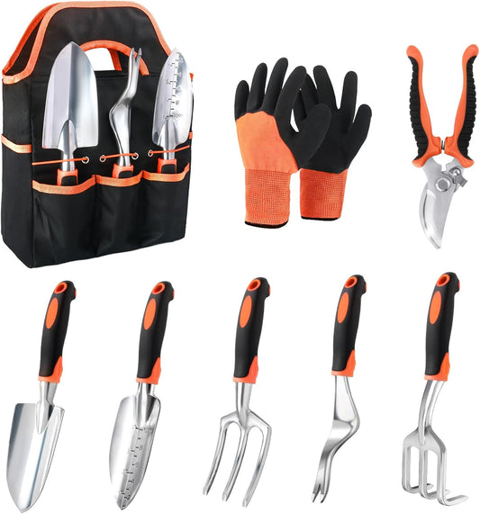 8-piece orange garden tool set with gloves and storage bag