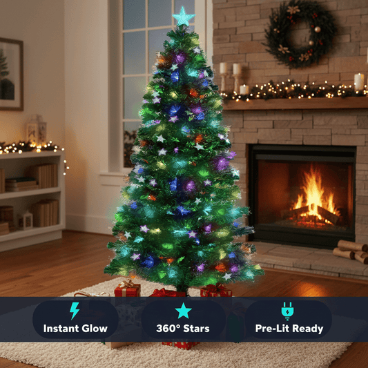 1.5m Fibre Optic Christmas Tree, Pre-Lit Multicolour, Star Topper