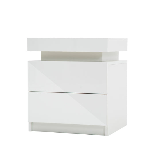 Bedside Table 2 Drawers RGB LED Bedroom Cabinet Nightstand Gloss WHITE