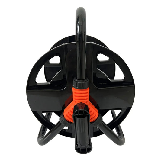 Hand-crank hose reel winding a garden hose