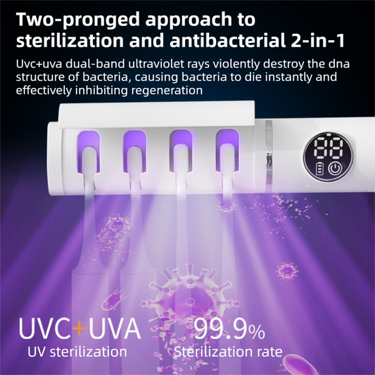 White 4-Slot Compact UV Toothbrush Sanitizer with Turbo Drying Fan & LCD Display - Anti-Dust Toothbrush Holder, 10-Minute One-Touch Deep Clean