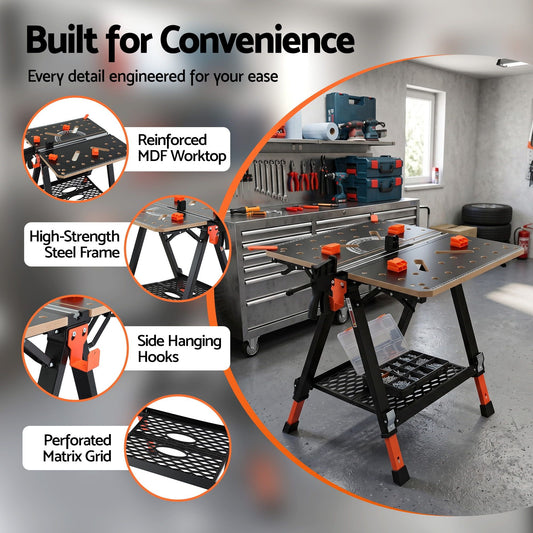 Heavy-Duty Portable Folding Work Table 454kg Adjustable Workbench